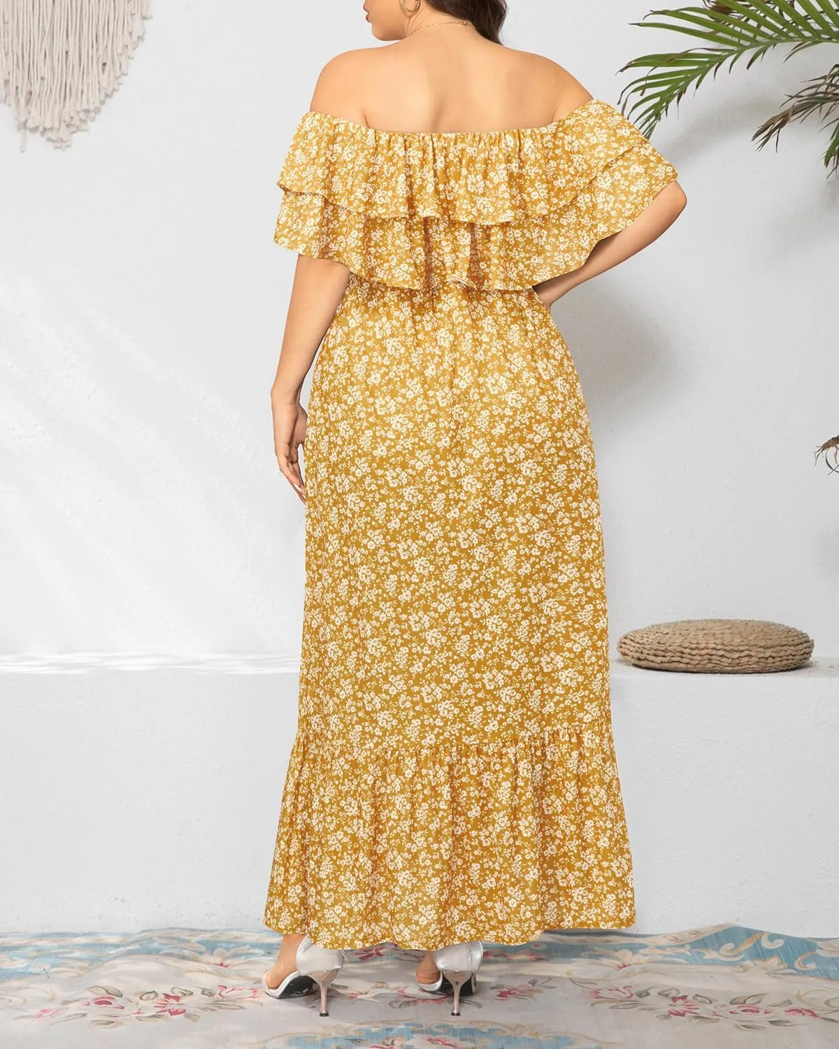 Plus Size Off The Shoulder Maxi Long Casual Layered Ruffle Beach Sundress Women Pocket 2024