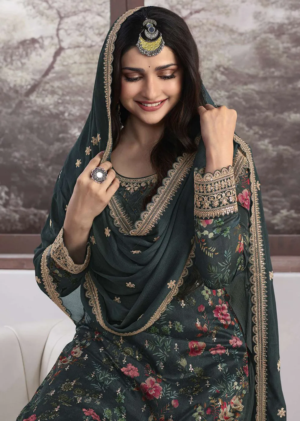 Prachi Desai Teal Green Silk Georgette Embroidered Sharara Suit