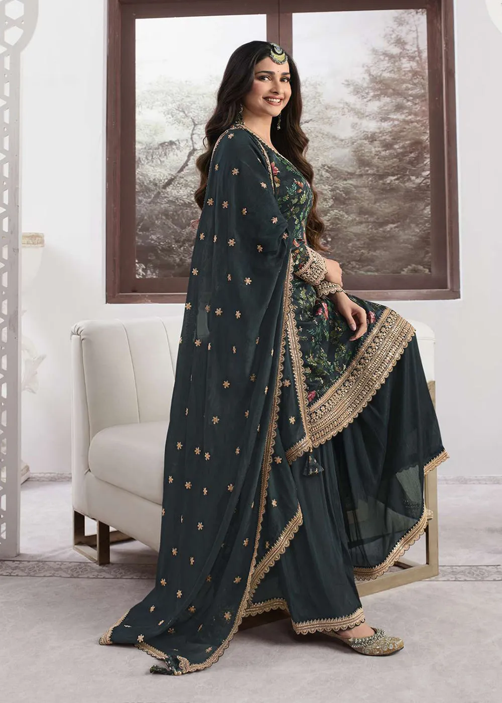 Prachi Desai Teal Green Silk Georgette Embroidered Sharara Suit