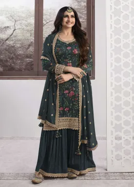 Prachi Desai Teal Green Silk Georgette Embroidered Sharara Suit