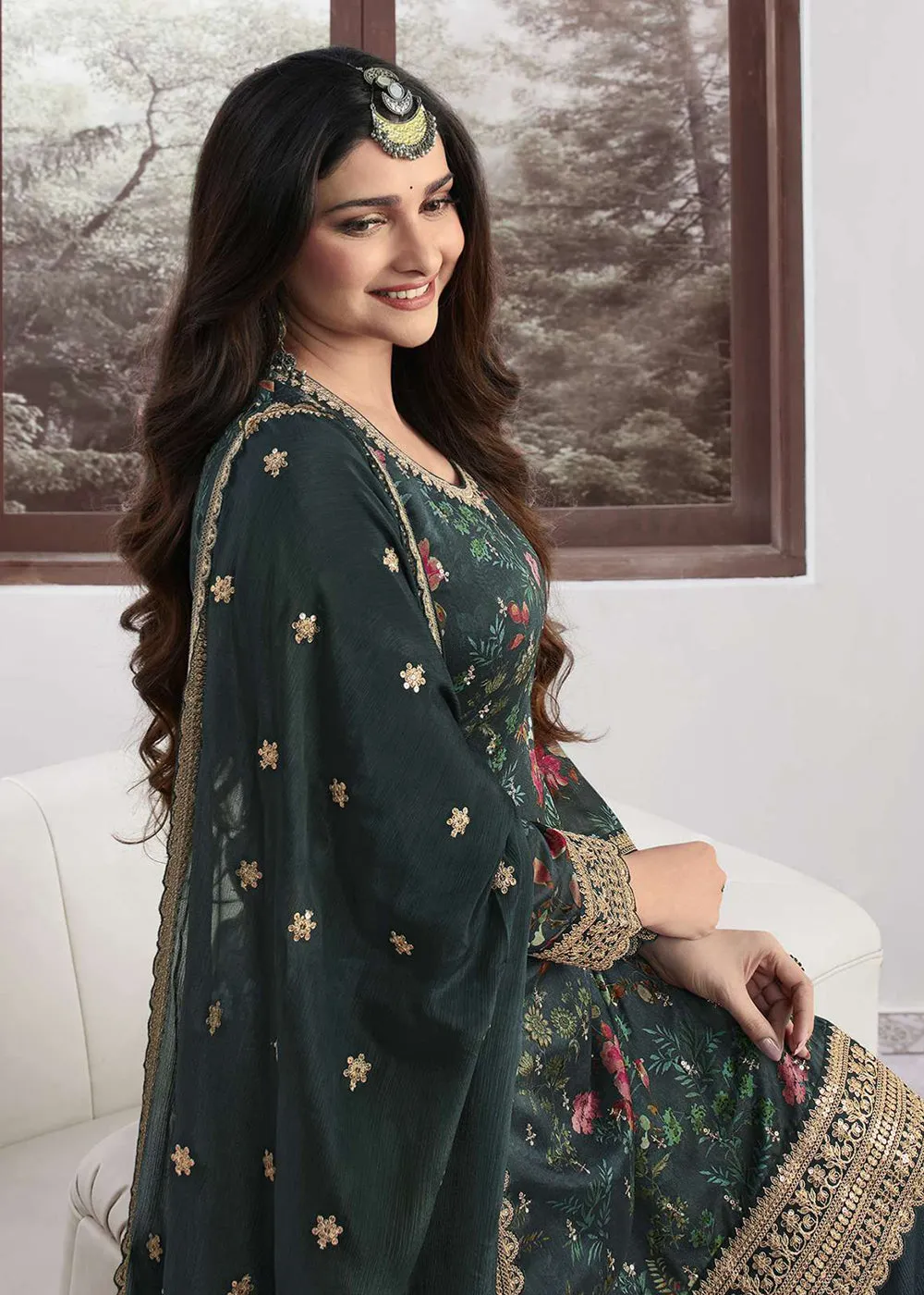 Prachi Desai Teal Green Silk Georgette Embroidered Sharara Suit