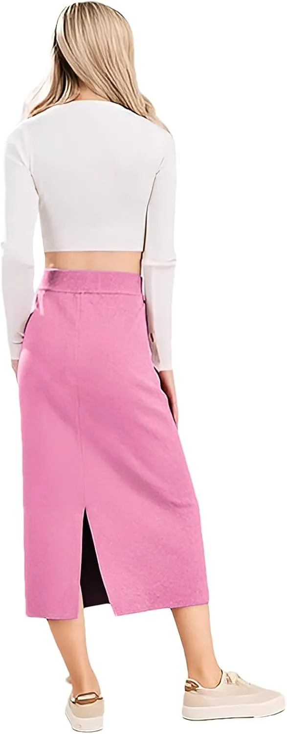 rismart Women Knitting Pencil Skirt Casual Below The Knee Stretch High Waist Elastic Skirts