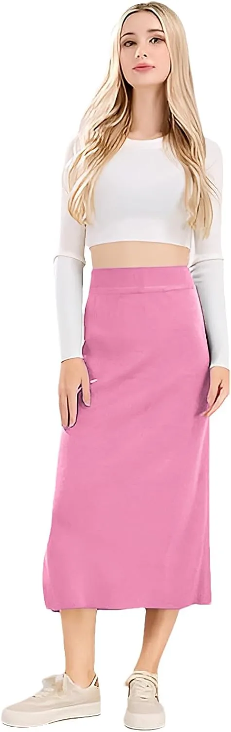 rismart Women Knitting Pencil Skirt Casual Below The Knee Stretch High Waist Elastic Skirts