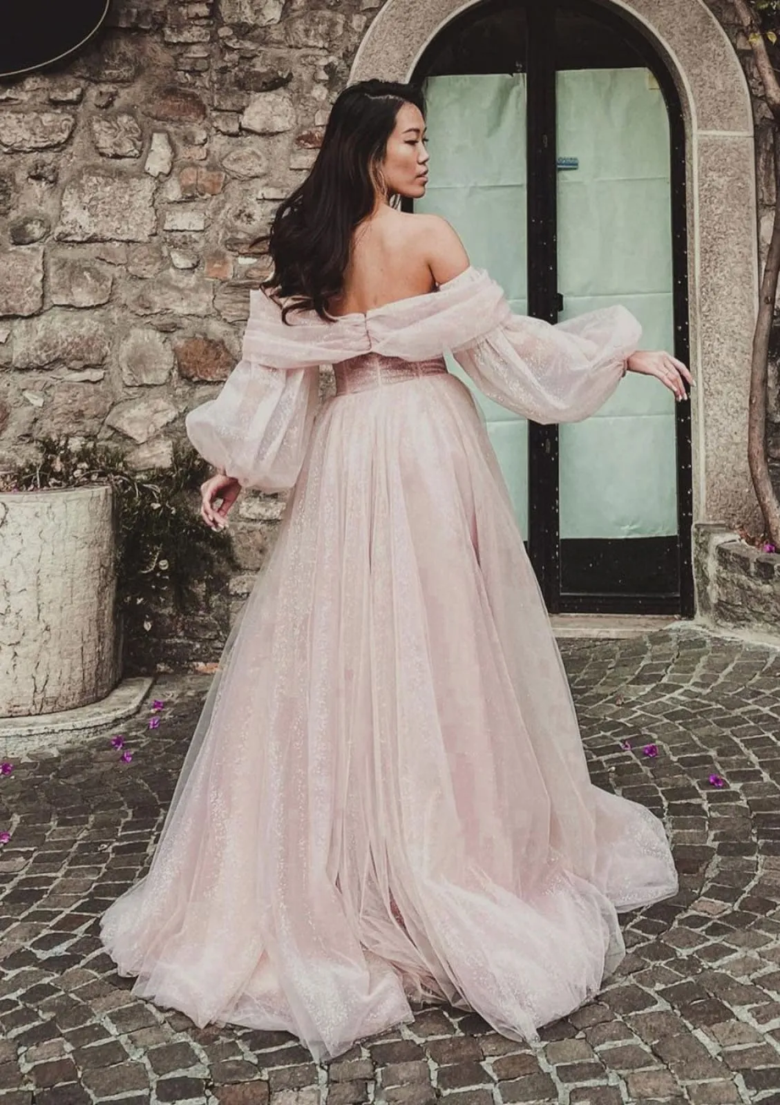 Sexy Sweetheart Off Shoulder Lantern Sleeve Princess Tulle Prom Dress, Split