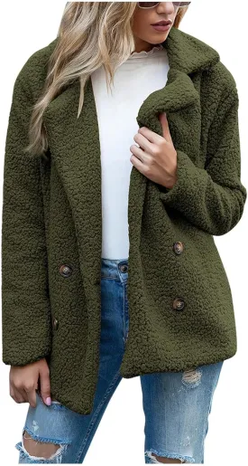 Sherpa Jacket Women Button Down Fuzzy Fleece Jacket with Pockets Winter Casual Lapel Neck Faux Fur Coat Outerwear