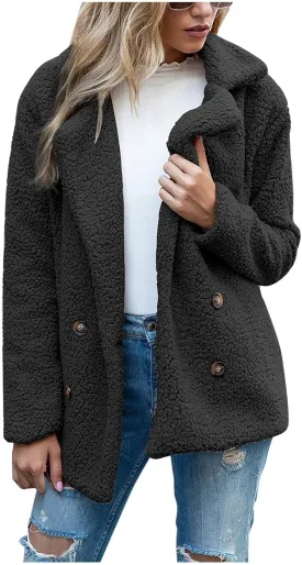 Sherpa Jacket Women Button Down Fuzzy Fleece Jacket with Pockets Winter Casual Lapel Neck Faux Fur Coat Outerwear
