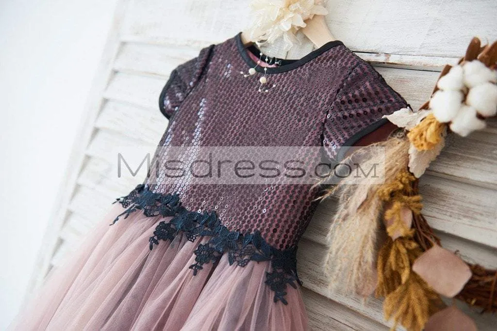 Short Sleeves Black Sequin Lace Mauve Tulle Wedding Flower Girl Dress