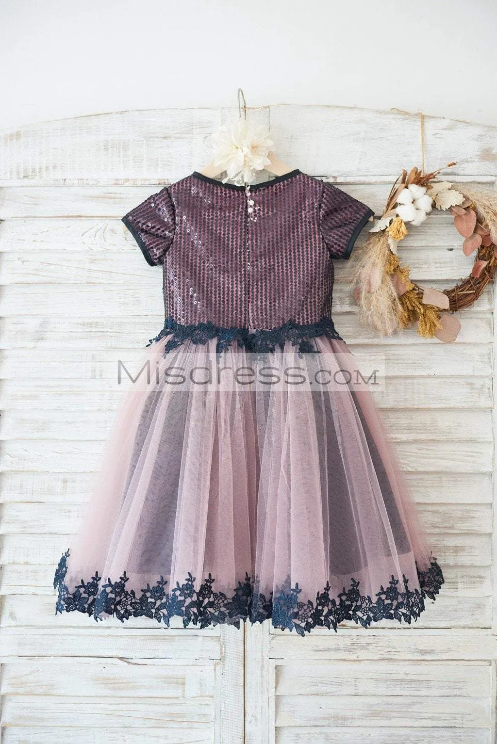 Short Sleeves Black Sequin Lace Mauve Tulle Wedding Flower Girl Dress