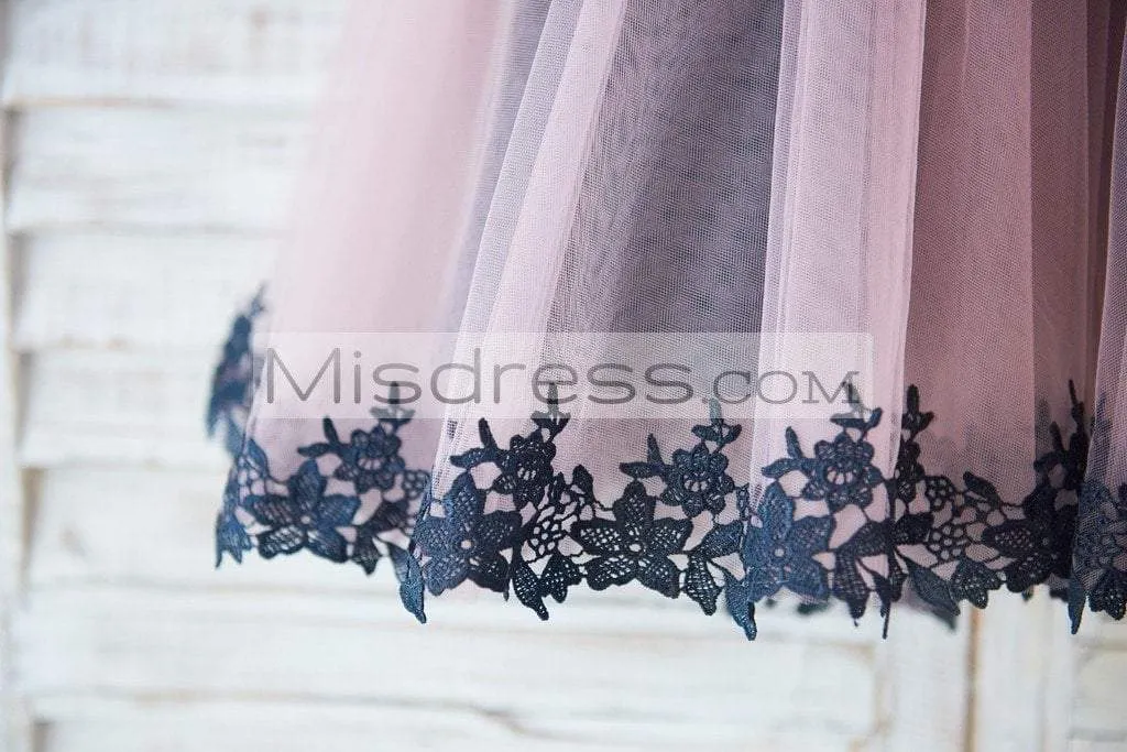 Short Sleeves Black Sequin Lace Mauve Tulle Wedding Flower Girl Dress