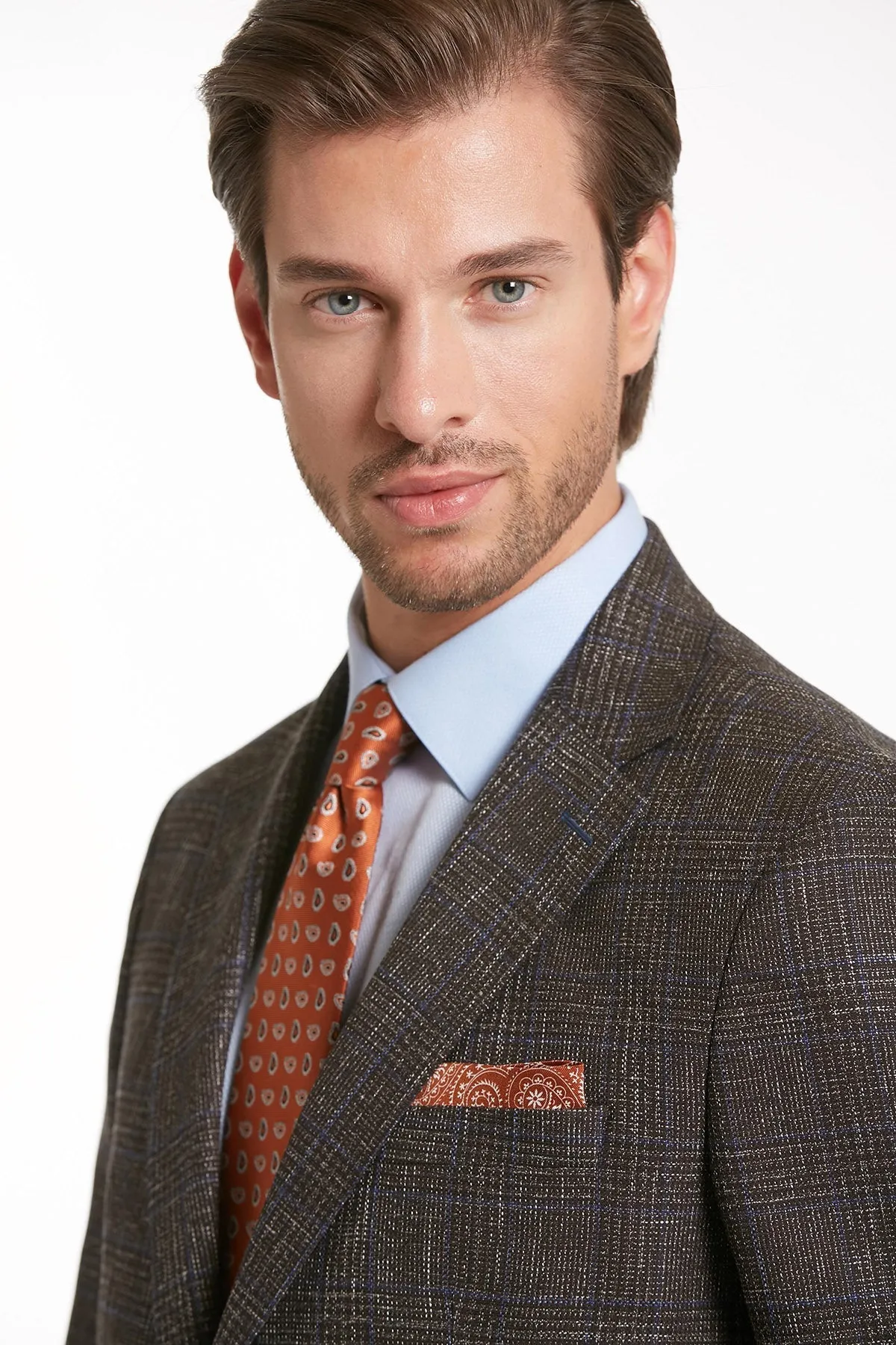 Slim Fit Notch Lapel Checked Casual Suit, Brown K.