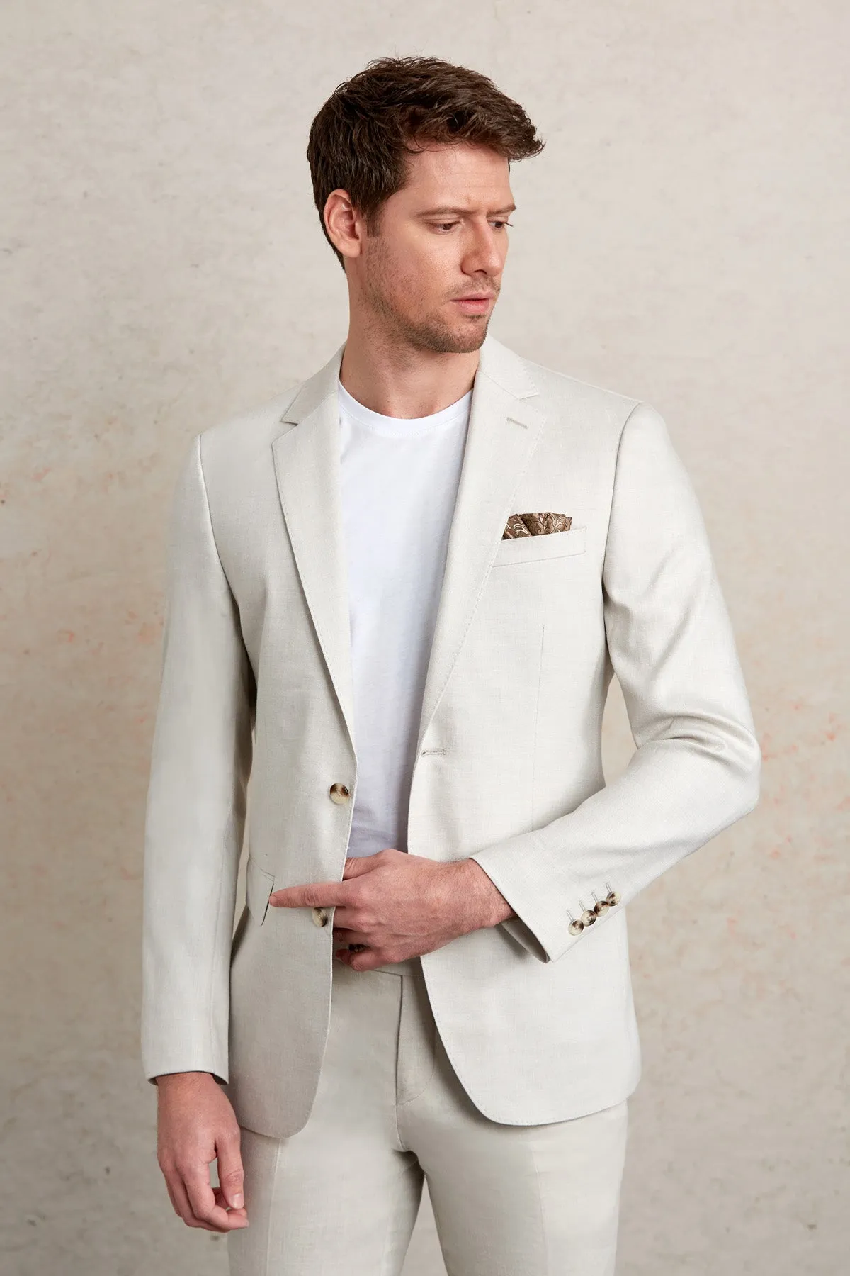 Slim Fit Notch Lapel Light Gray Linen Casual Suit
