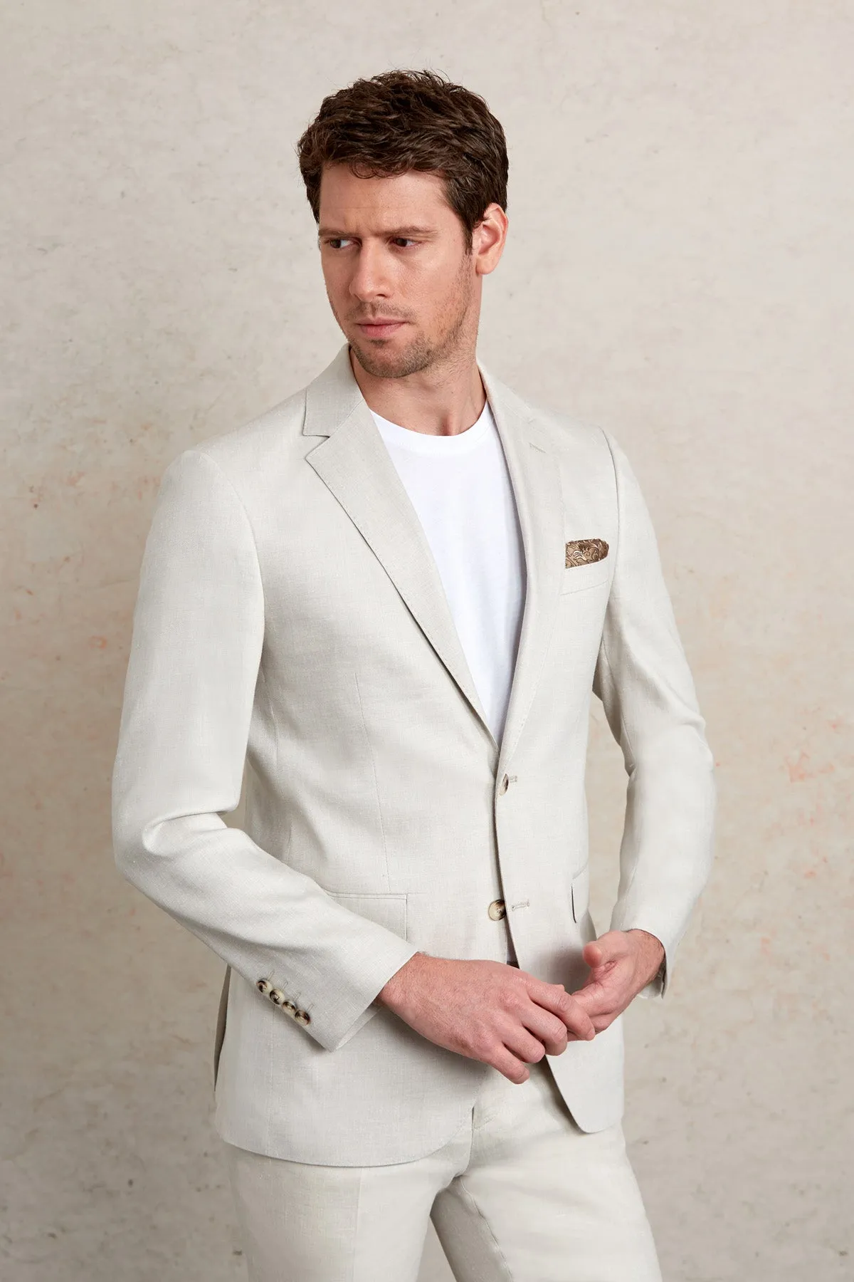 Slim Fit Notch Lapel Light Gray Linen Casual Suit