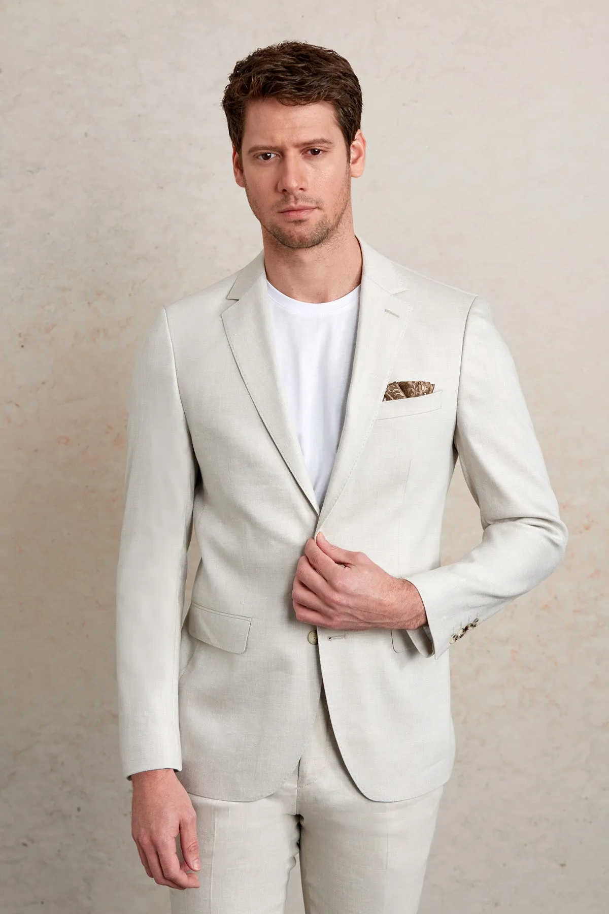 Slim Fit Notch Lapel Light Gray Linen Casual Suit