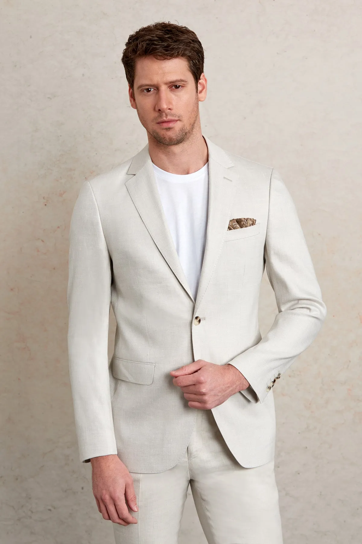 Slim Fit Notch Lapel Light Gray Linen Casual Suit