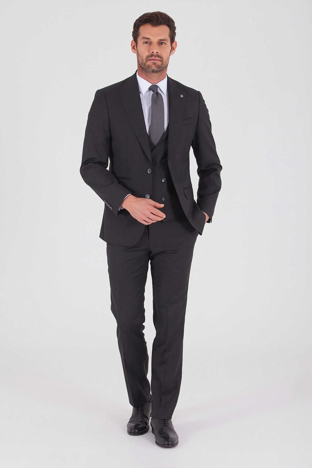 Slim Fit Peak Lapel Plain Wool Blend Classic Suit with Vest, Dark Gray