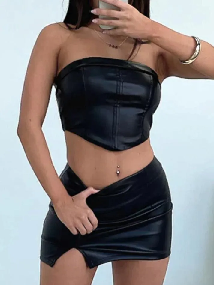 Solid Color Curvy Hem Bandeau Slit Leather Two Piece
