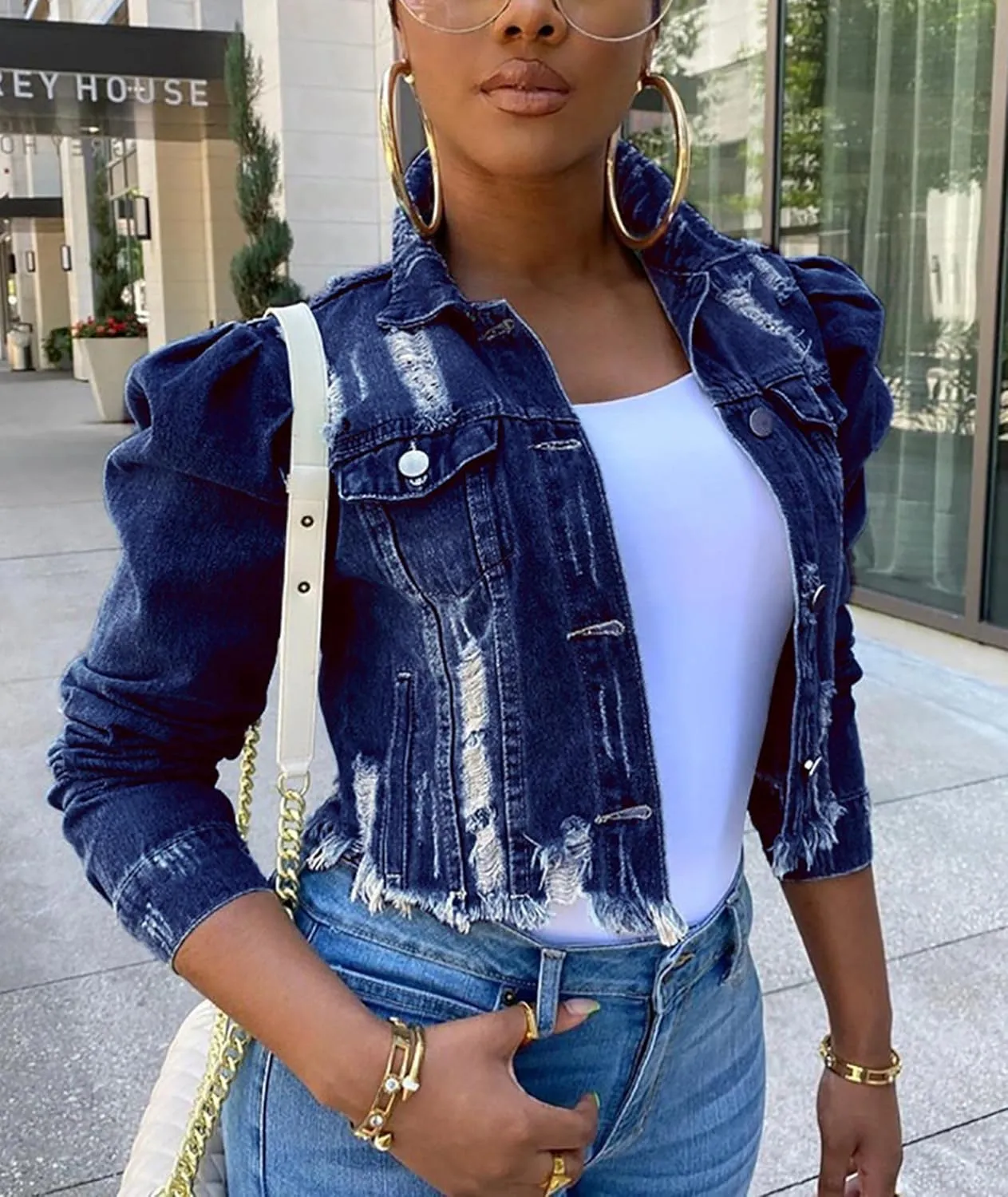 SOMTHRON Women's Cropped Jean Jacket Puff Short Sleeve Button Down Denim Coat Crop Top Outerwear