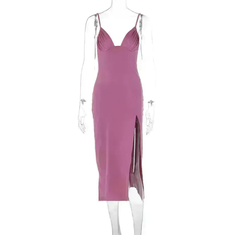 Spaghetti Strap Dress With Split Design Deep V-neck Sleeveless Backless Bodycon Satin  Evening Party Wedding Cocktail Dresses For Womens Clothing