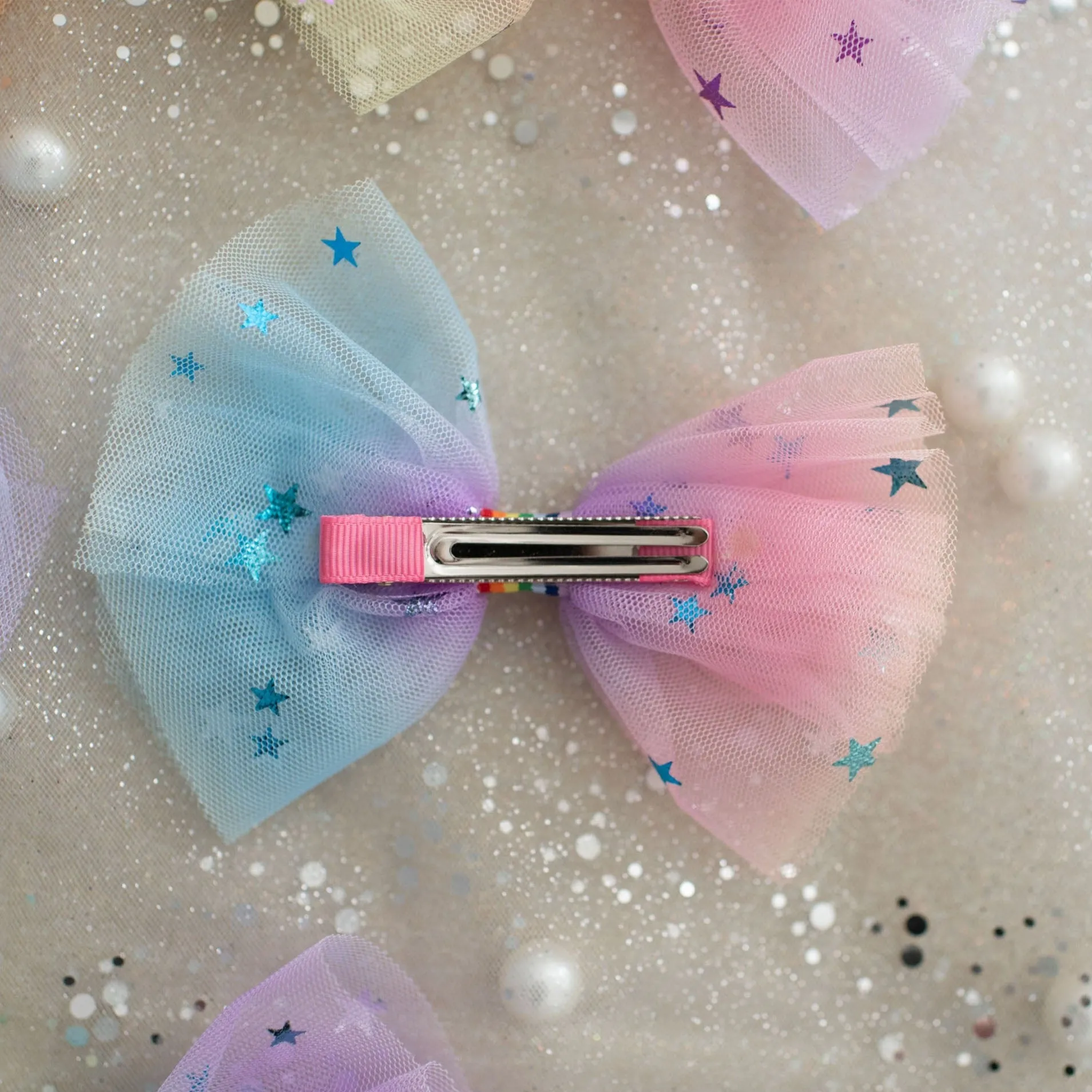 Summer Crystal 2 Rainbow Tulle Large Bow Hair Clips For Girls and Women