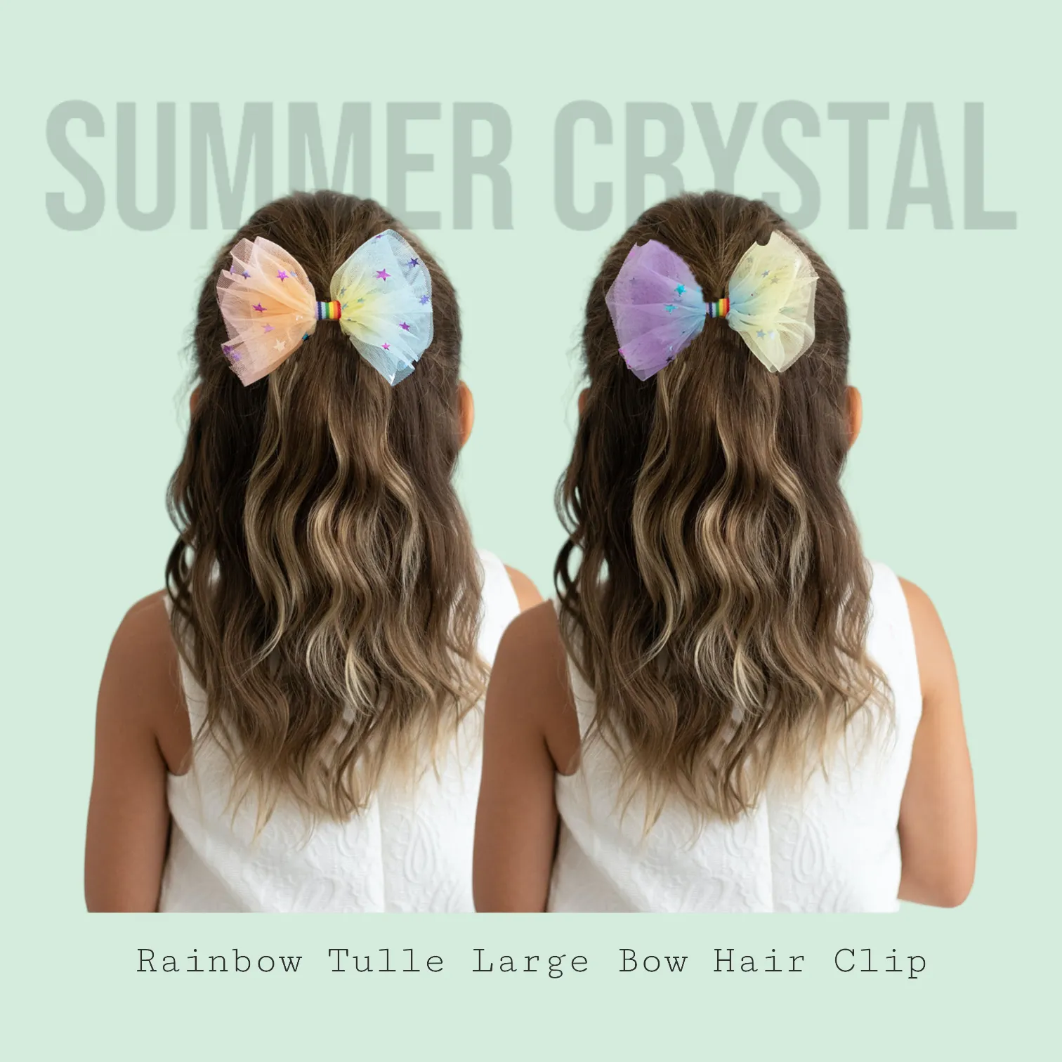 Summer Crystal 2 Rainbow Tulle Large Bow Hair Clips For Girls and Women