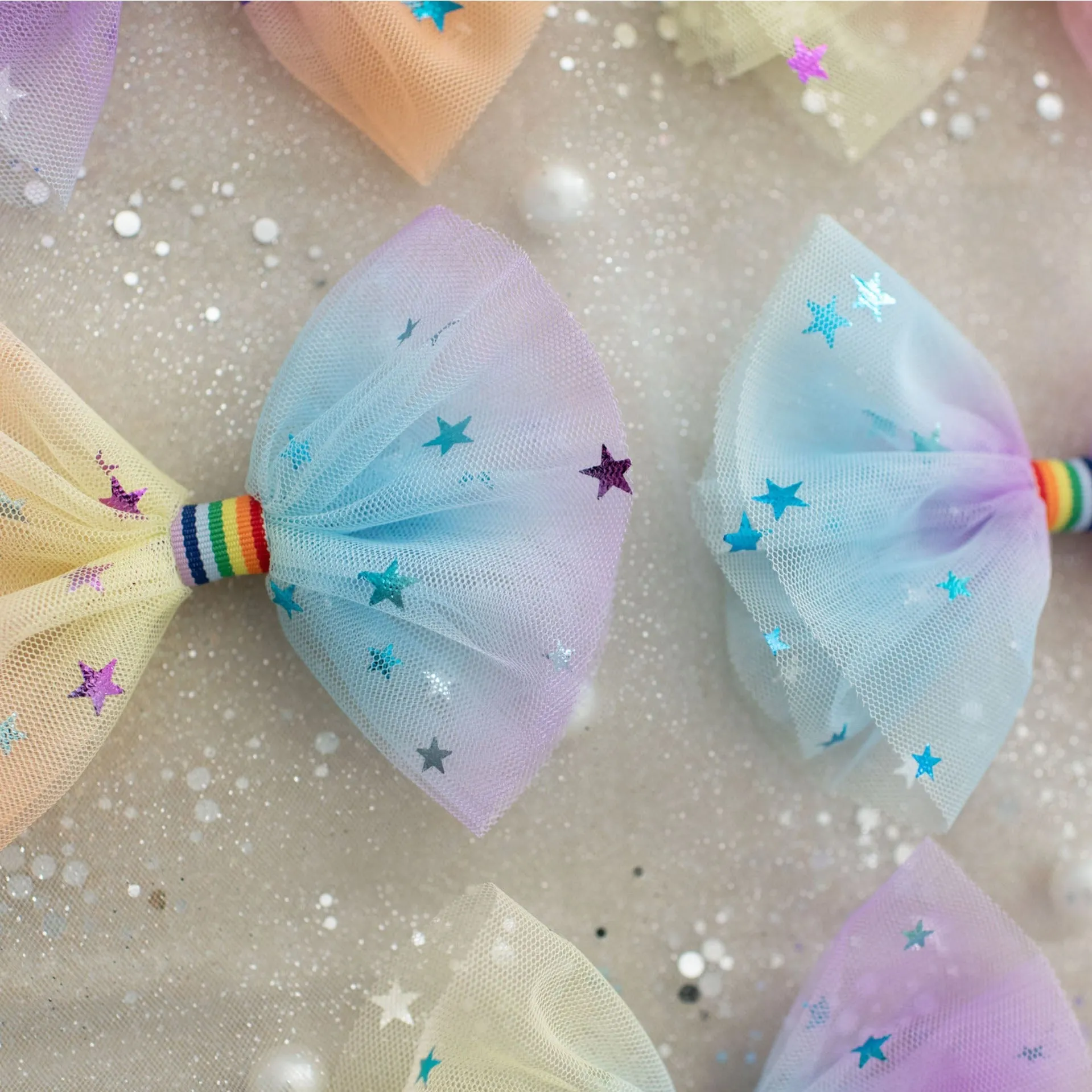 Summer Crystal 2 Rainbow Tulle Large Bow Hair Clips For Girls and Women
