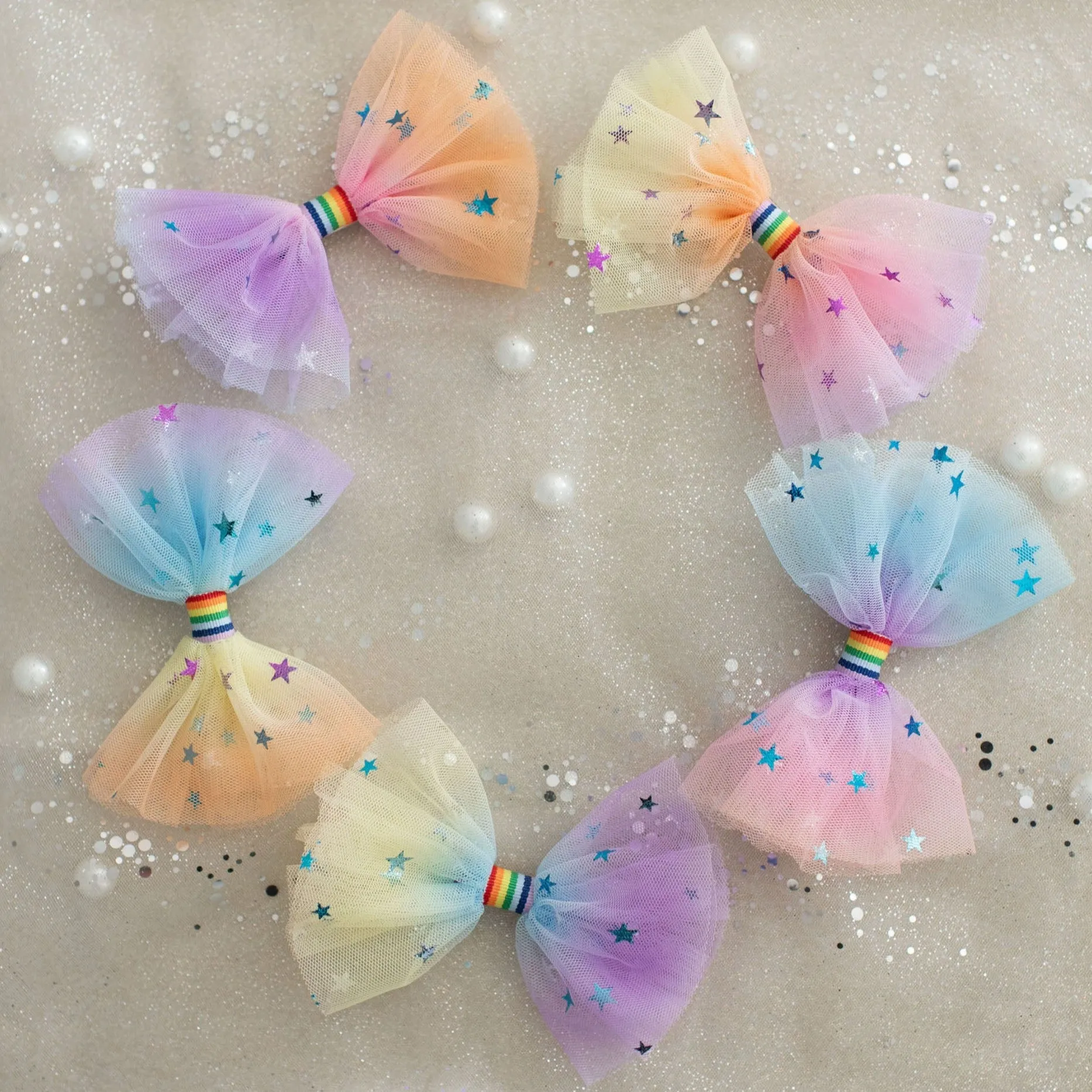 Summer Crystal 2 Rainbow Tulle Large Bow Hair Clips For Girls and Women