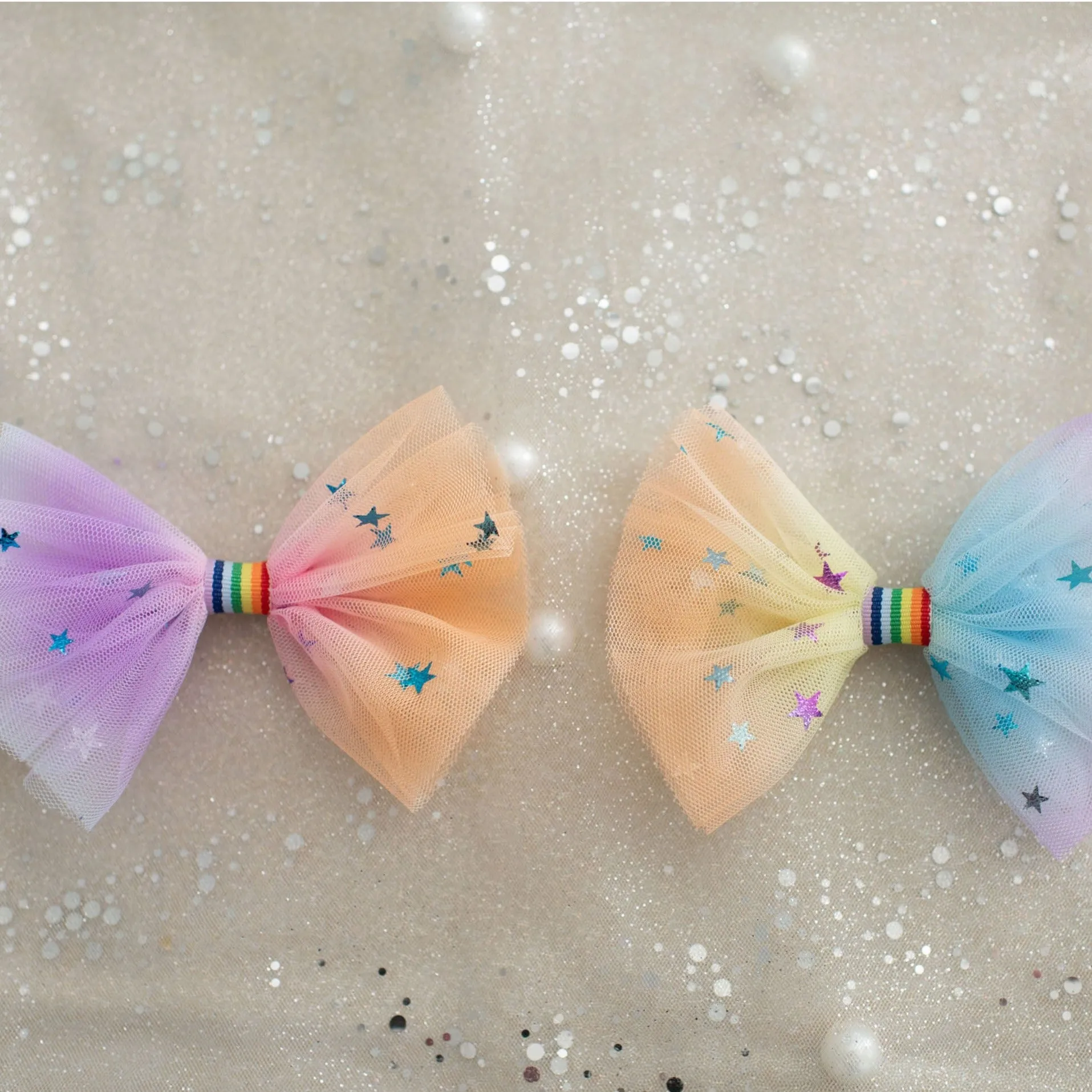 Summer Crystal 2 Rainbow Tulle Large Bow Hair Clips For Girls and Women
