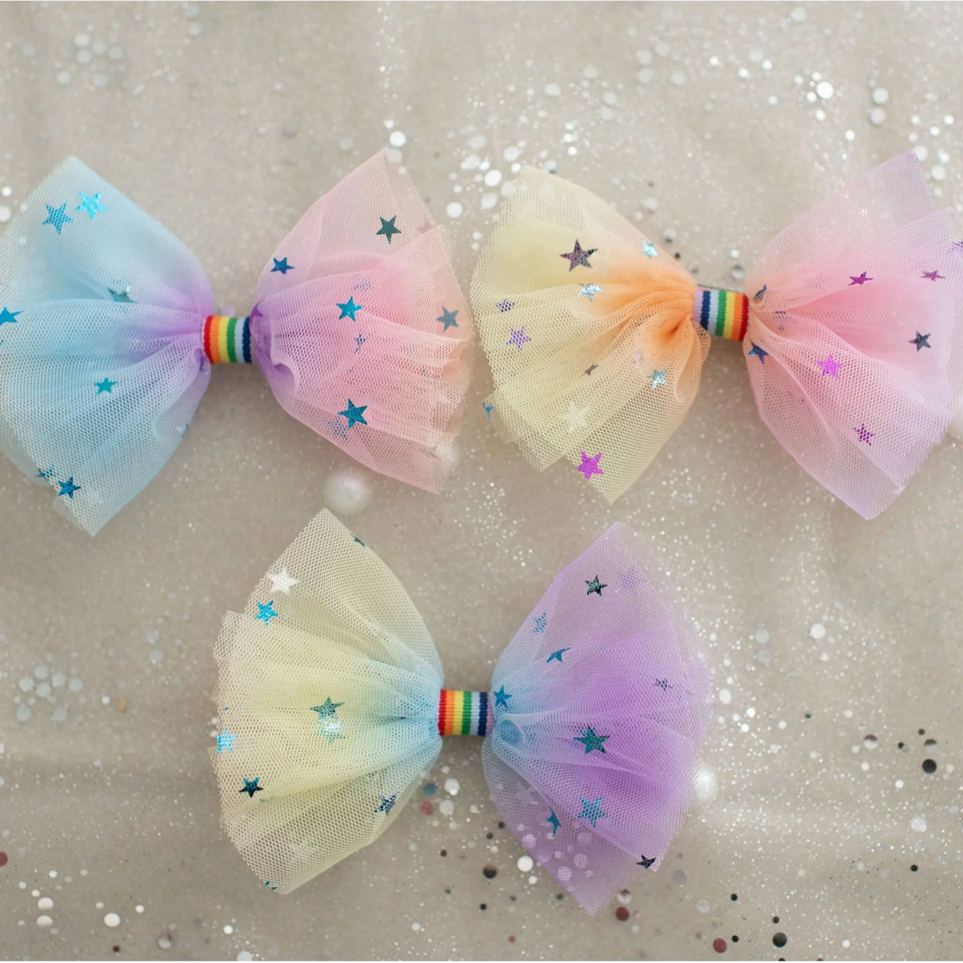 Summer Crystal 2 Rainbow Tulle Large Bow Hair Clips For Girls and Women