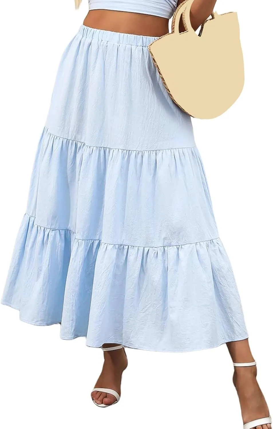 Summer Maxi Skirts for Women Fashion Boho Elastic High Waist Ruffle Hem Skirt Flowy Solid Color Skorts with Pockets