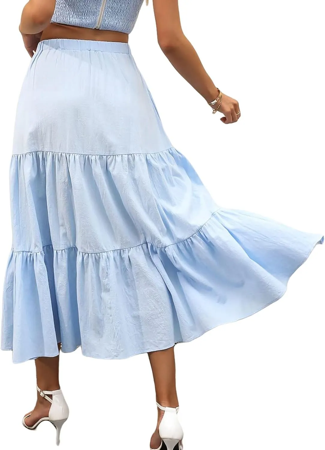 Summer Maxi Skirts for Women Fashion Boho Elastic High Waist Ruffle Hem Skirt Flowy Solid Color Skorts with Pockets