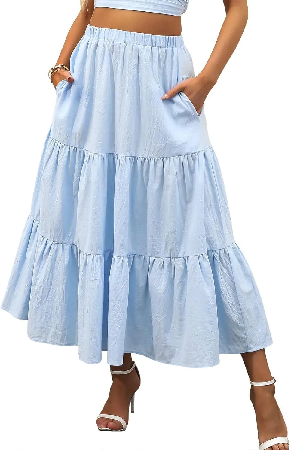 Summer Maxi Skirts for Women Fashion Boho Elastic High Waist Ruffle Hem Skirt Flowy Solid Color Skorts with Pockets