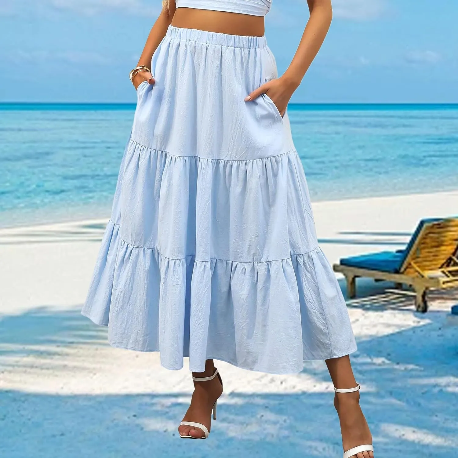 Summer Maxi Skirts for Women Fashion Boho Elastic High Waist Ruffle Hem Skirt Flowy Solid Color Skorts with Pockets