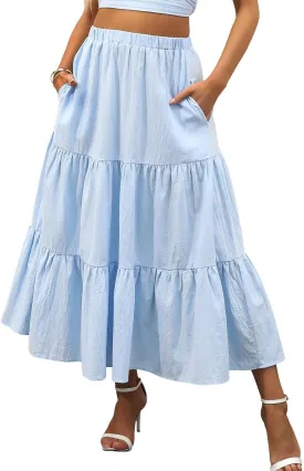 Summer Maxi Skirts for Women Fashion Boho Elastic High Waist Ruffle Hem Skirt Flowy Solid Color Skorts with Pockets