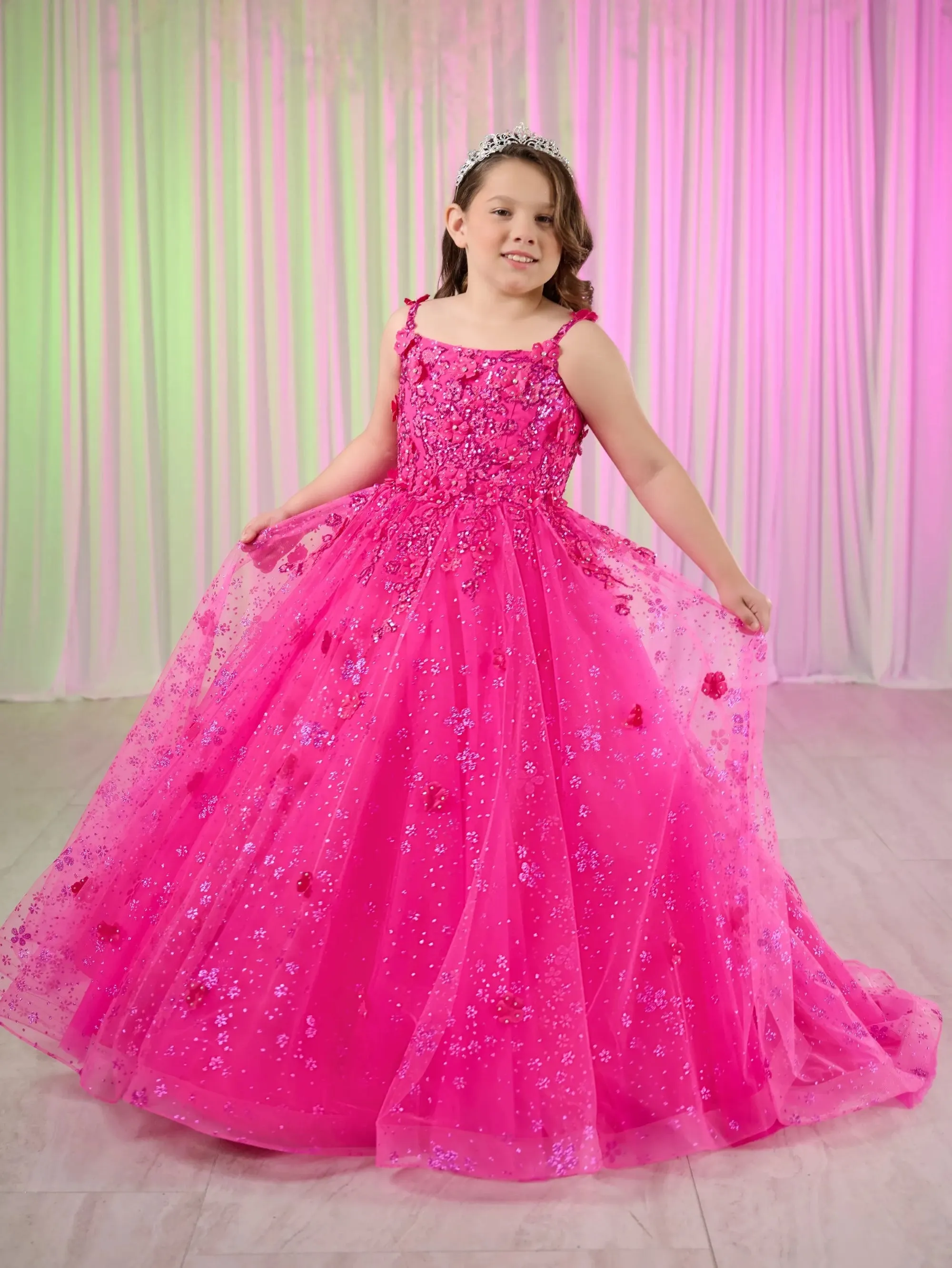 Tiffany Princess 13758 Girls Long Lace Pageant Dress Corset Floral Glitter Formal Ball Gown