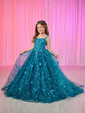 Tiffany Princess 13758 Girls Long Lace Pageant Dress Corset Floral Glitter Formal Ball Gown