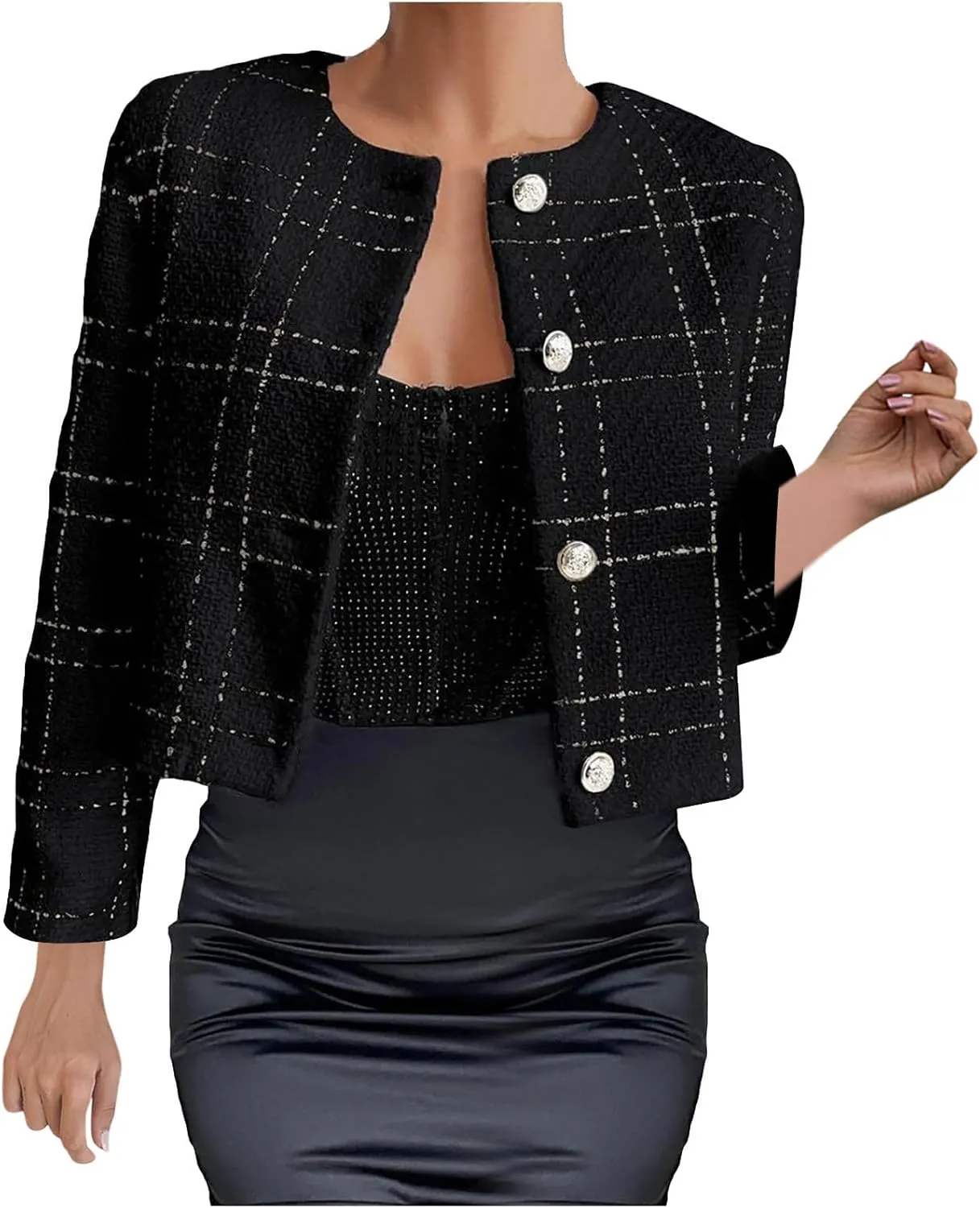 Tweed Blazer for Womens Long Sleeve Cropped Jacket Open Front Office Plaid Suit Coat Elegant Work Cardigan