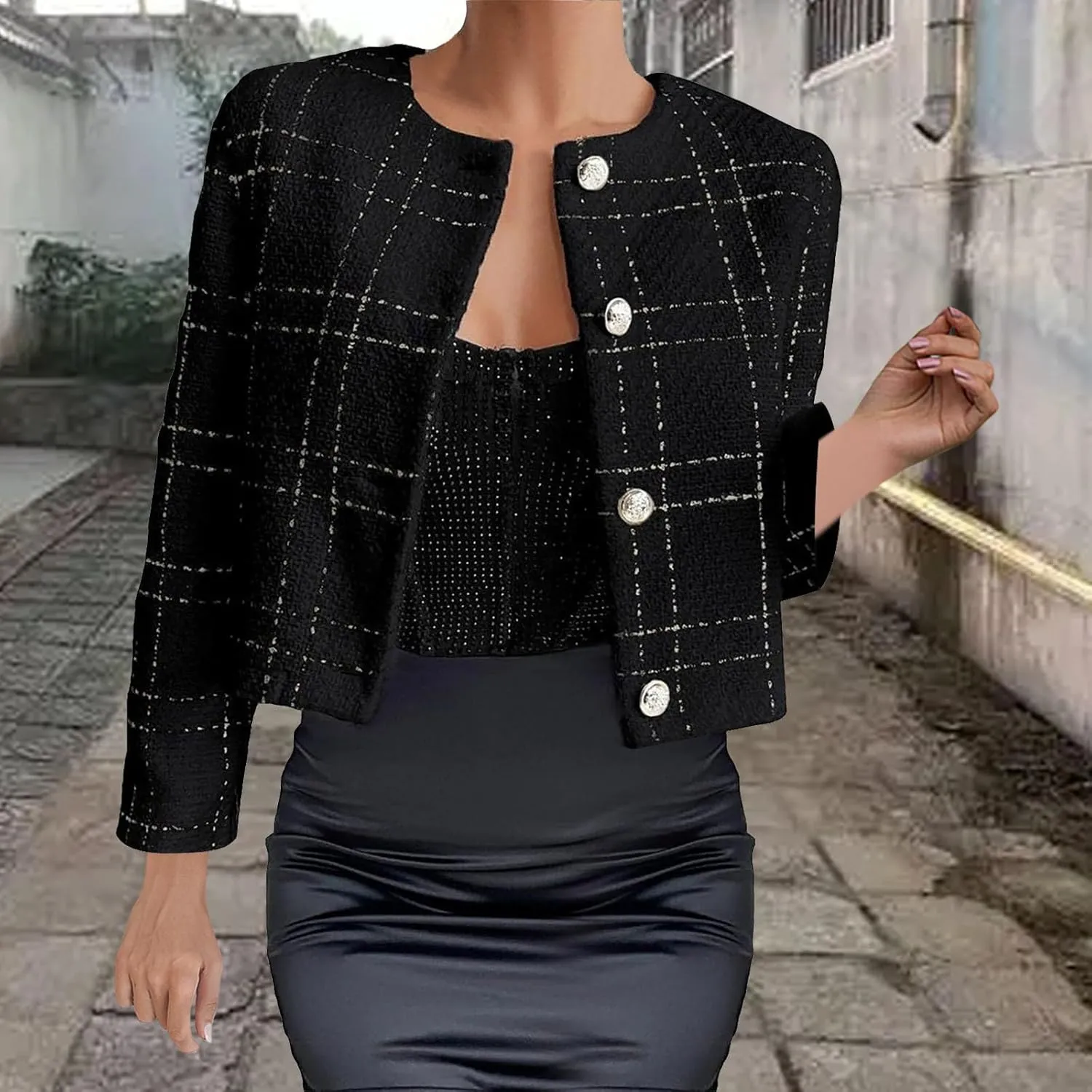 Tweed Blazer for Womens Long Sleeve Cropped Jacket Open Front Office Plaid Suit Coat Elegant Work Cardigan