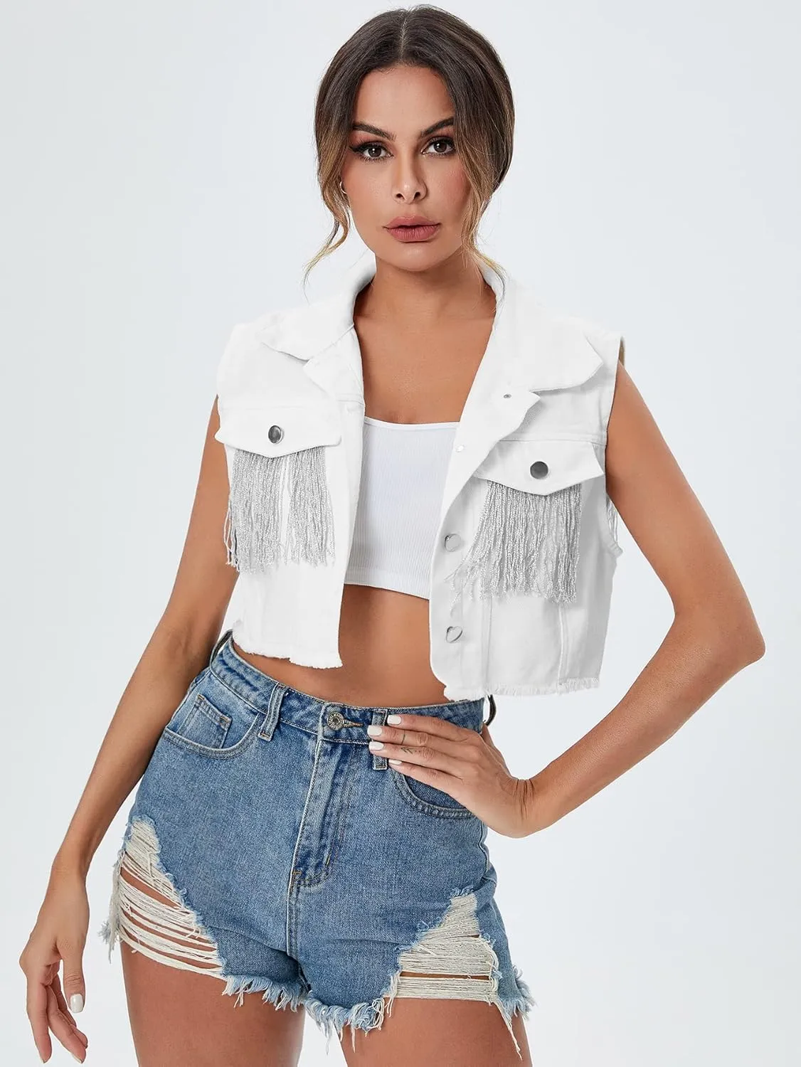 Verdusa Women's Fringe Raw Trim Sleeveless Denim Vest Jean Jacket Coat