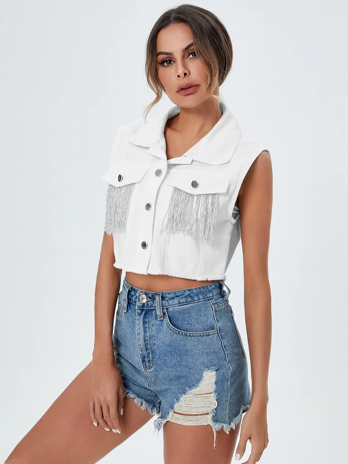 Verdusa Women's Fringe Raw Trim Sleeveless Denim Vest Jean Jacket Coat