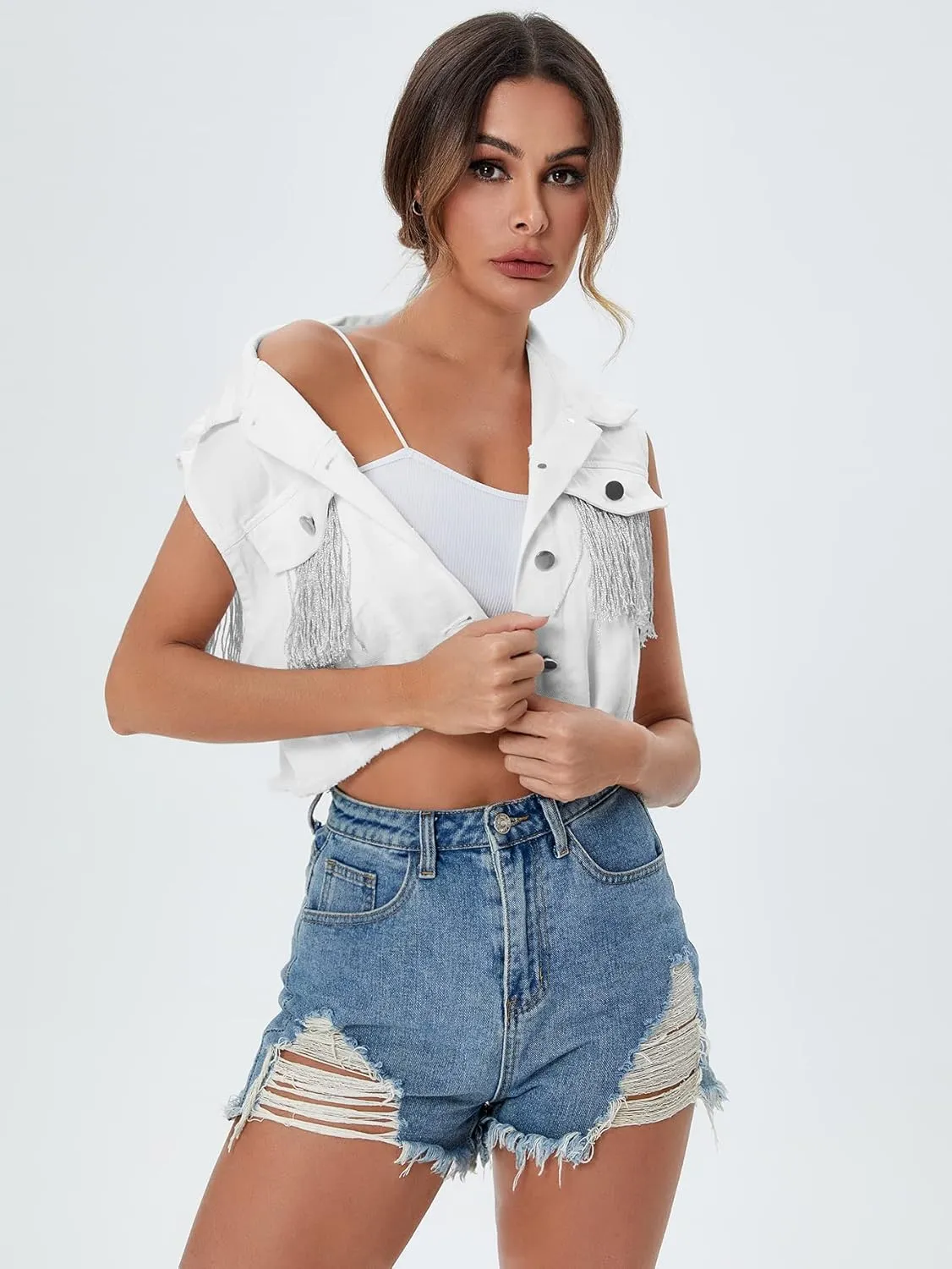 Verdusa Women's Fringe Raw Trim Sleeveless Denim Vest Jean Jacket Coat