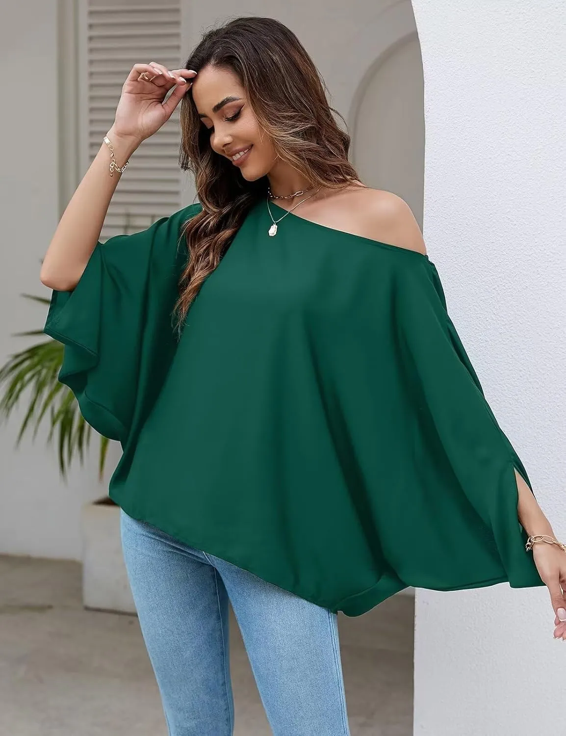 VIMPUNEC Womens Off The Shoulder Flowy Tops Casual Batwing Sleeves Blouses Loose Chiffon Shirts