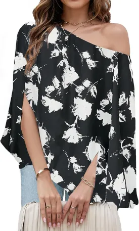 VIMPUNEC Womens Off The Shoulder Flowy Tops Casual Batwing Sleeves Blouses Loose Chiffon Shirts