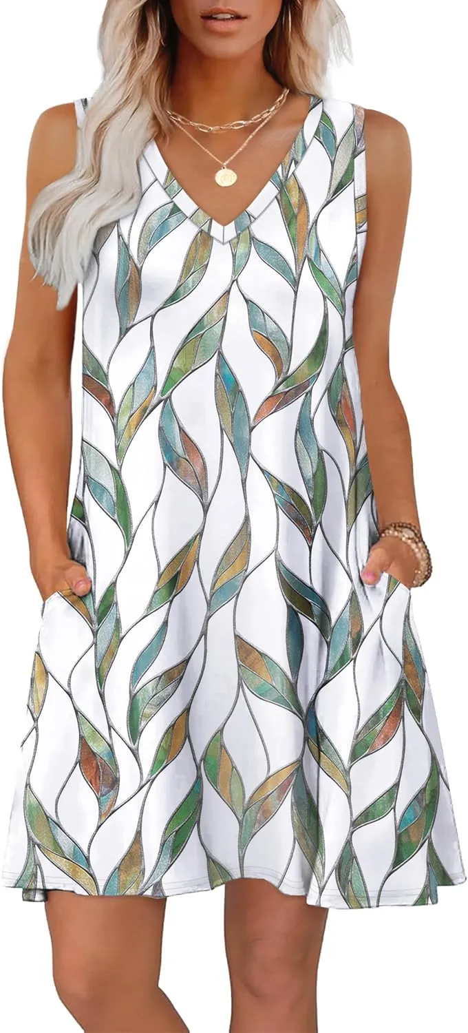 WIHOLL Womens Summer Dresses Loose Fit V Neck Sleeveless Sundresses Beach Hawaiian Dress with Pockets