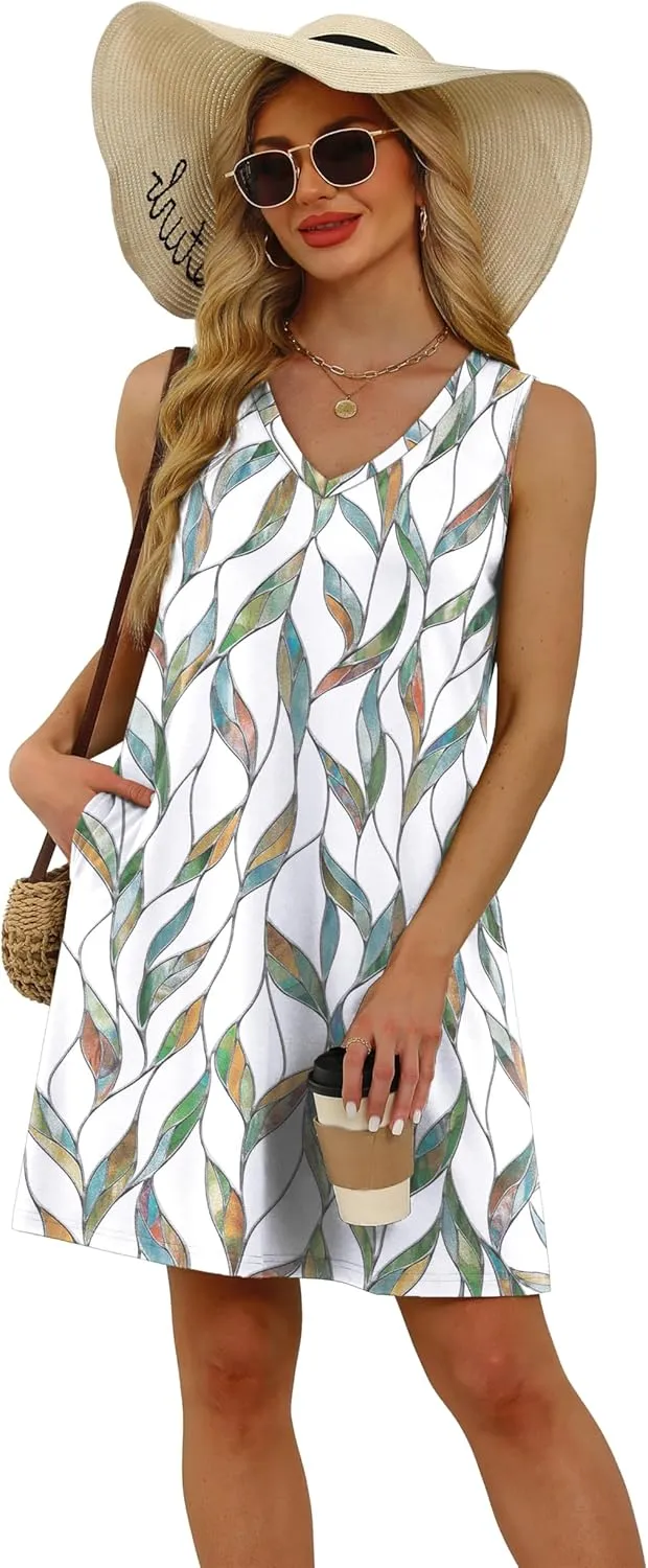 WIHOLL Womens Summer Dresses Loose Fit V Neck Sleeveless Sundresses Beach Hawaiian Dress with Pockets