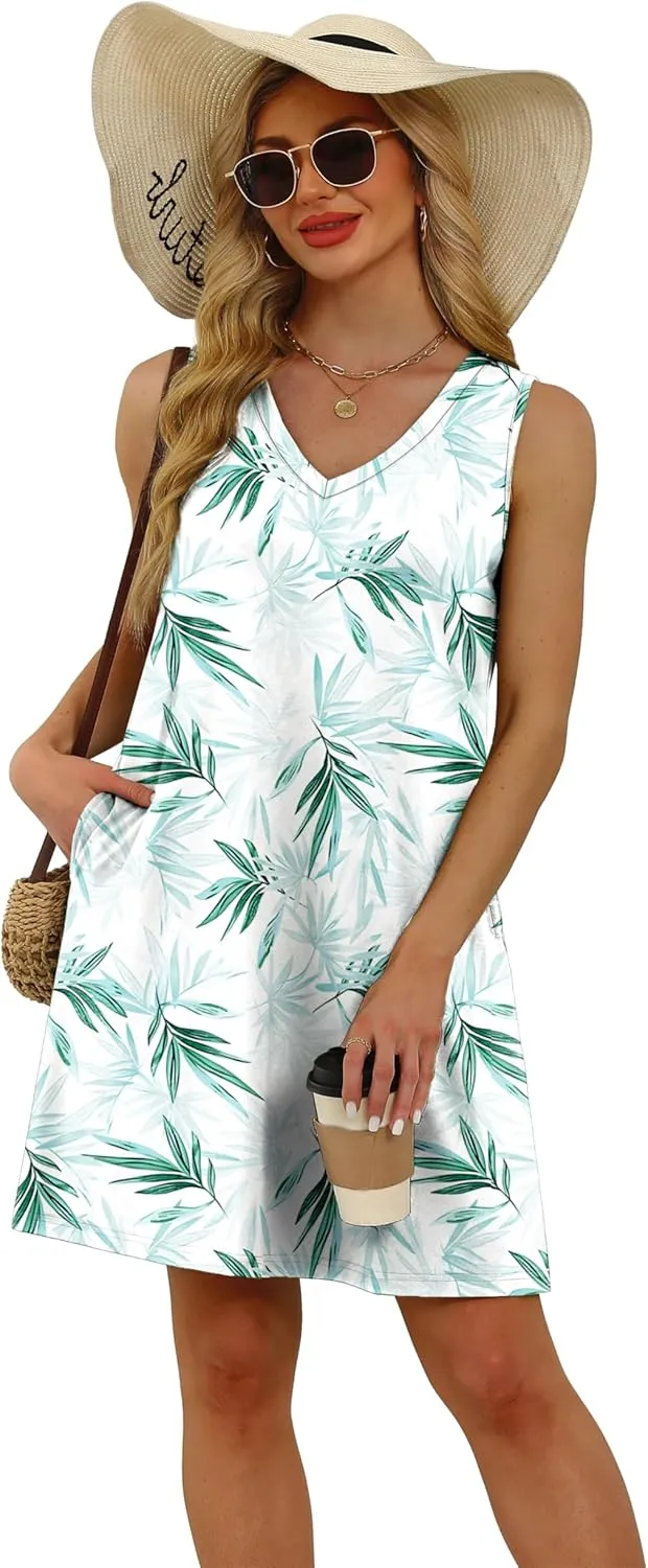 WIHOLL Womens Summer Dresses Loose Fit V Neck Sleeveless Sundresses Beach Hawaiian Dress with Pockets