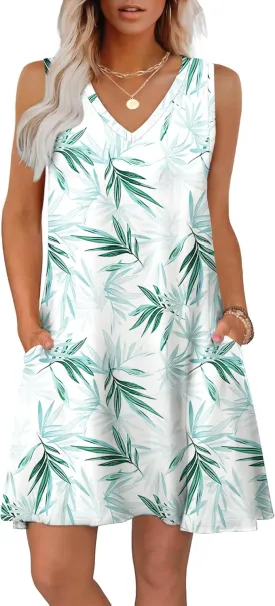 WIHOLL Womens Summer Dresses Loose Fit V Neck Sleeveless Sundresses Beach Hawaiian Dress with Pockets