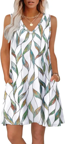 WIHOLL Womens Summer Dresses Loose Fit V Neck Sleeveless Sundresses Beach Hawaiian Dress with Pockets