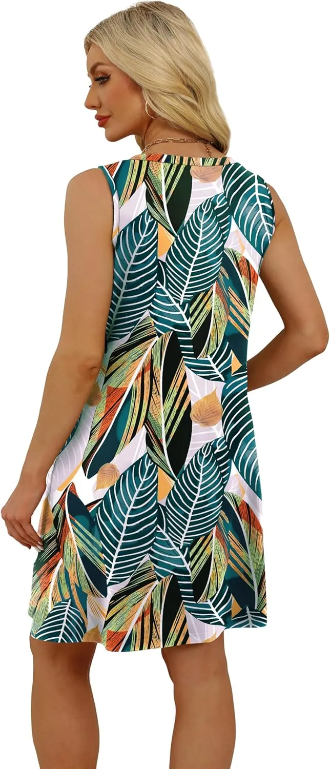 WIHOLL Womens Summer Dresses Loose Fit V Neck Sleeveless Sundresses Beach Hawaiian Dress with Pockets