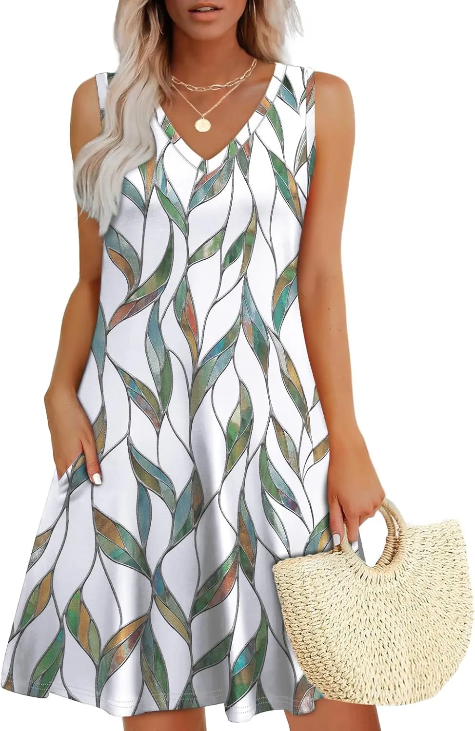 WIHOLL Womens Summer Dresses Loose Fit V Neck Sleeveless Sundresses Beach Hawaiian Dress with Pockets