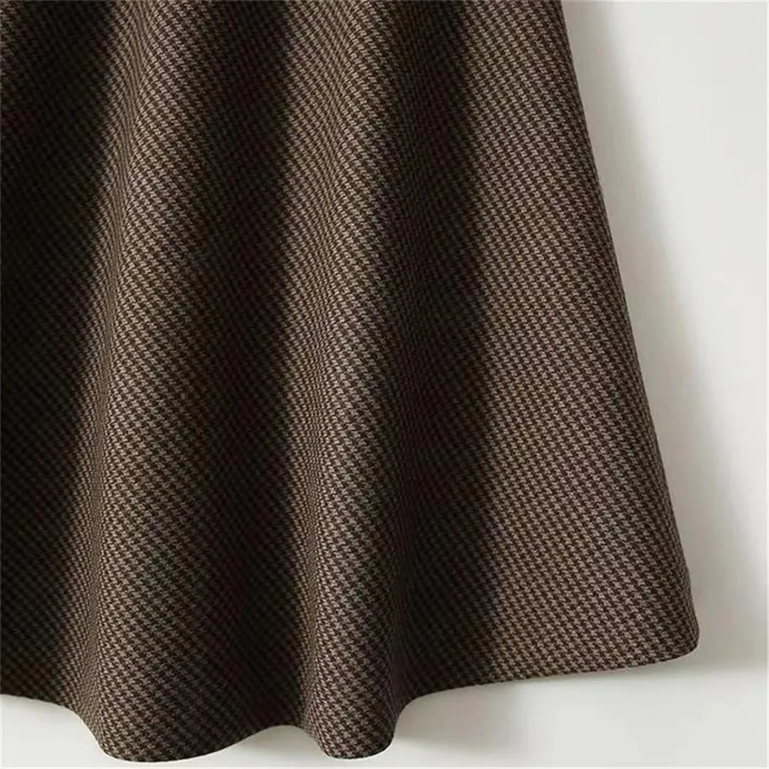 Women Plaid Wool Midi Long Skirt Vintage High Waist A-Line Office Lady Casual Skirts